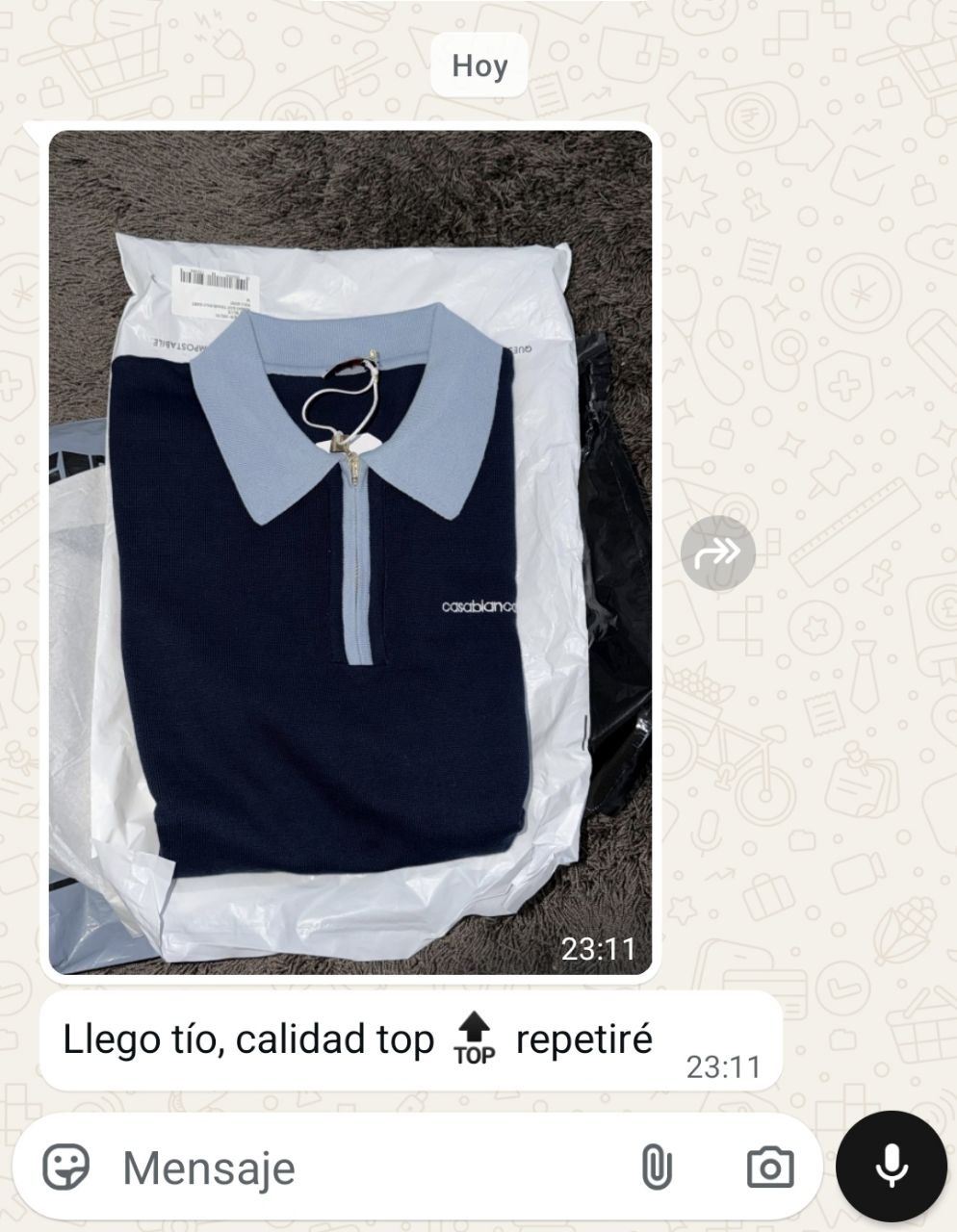 Fotografía del pedido y mensaje de un cliente de ENZOFASHO, 6 de 26